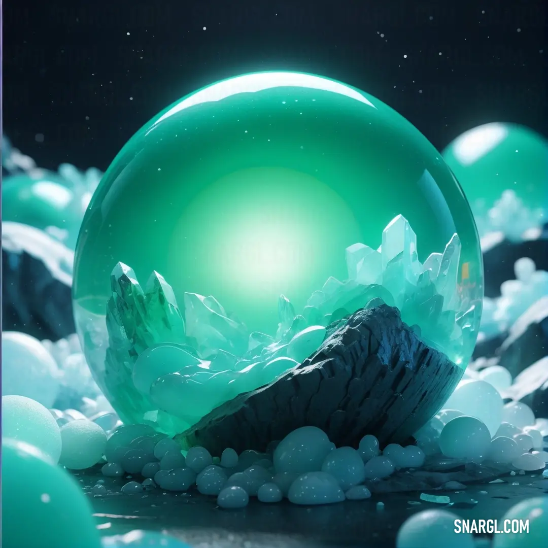 Green ball with ice crystals around it and a mountain in the background. Color RGB 0,143,117.