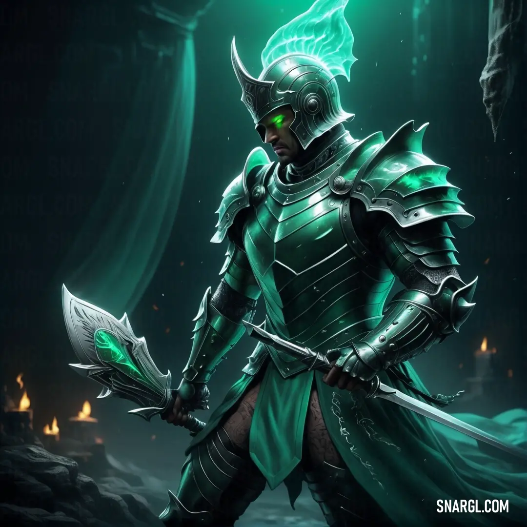 Man in a green armor holding a sword and a book in his hand with a green light on his face. Example of #008F75 color.