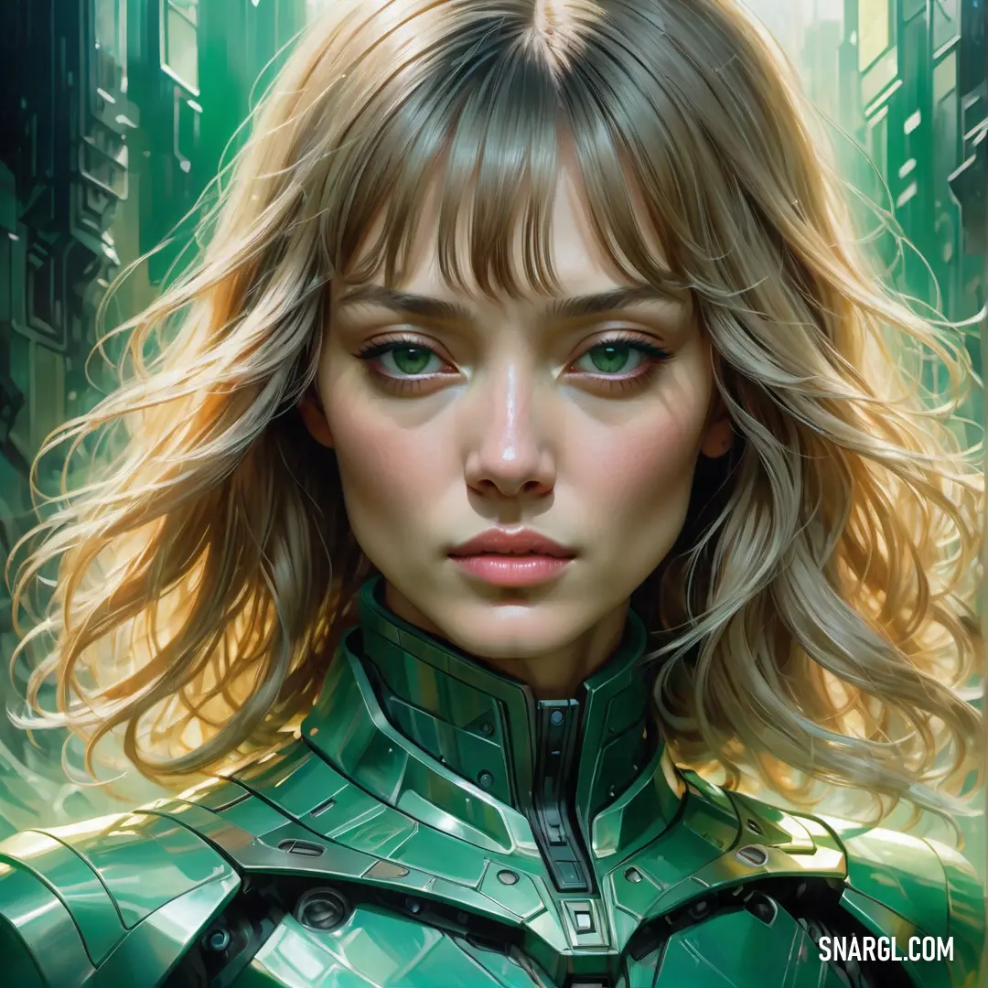 Painting of a woman in a green suit with long blonde hair and green eyes. Color #008F75.