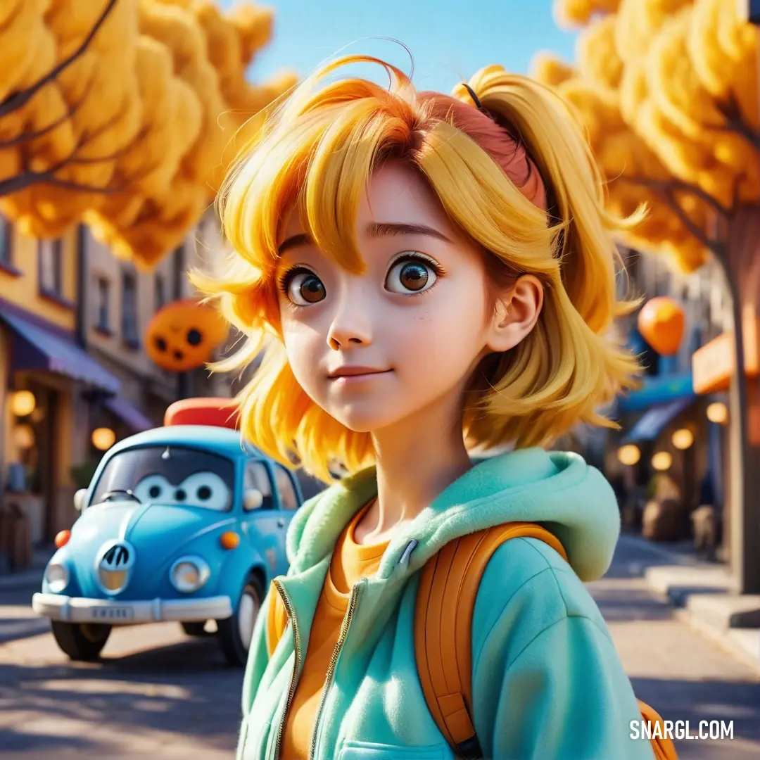 Cartoon character with blonde hair and a blue car in the background. Example of RGB 0,255,255 color.