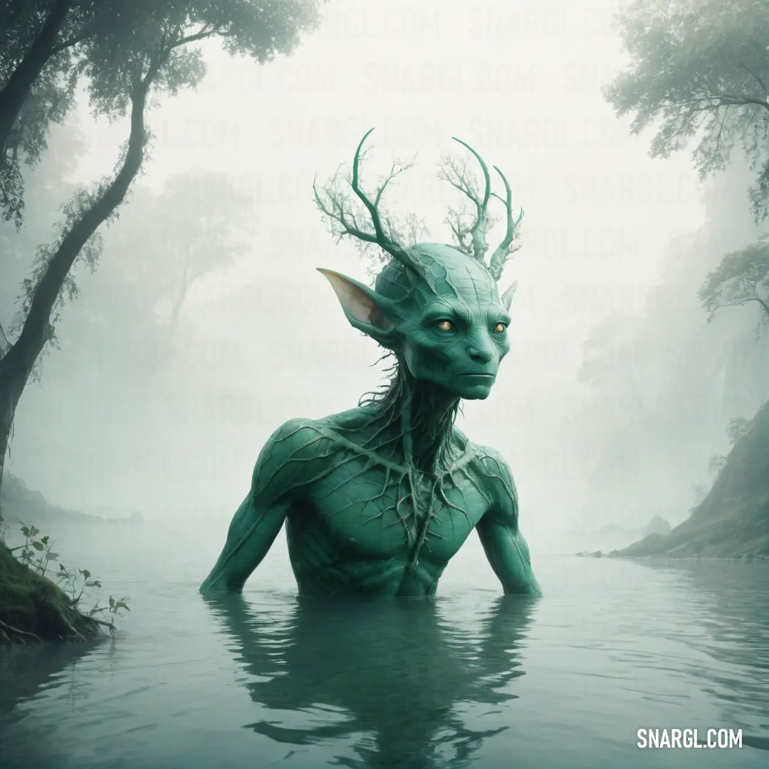 Creature with horns and horns in the water with trees around it and foggy sky above it. Color #82C6B0.