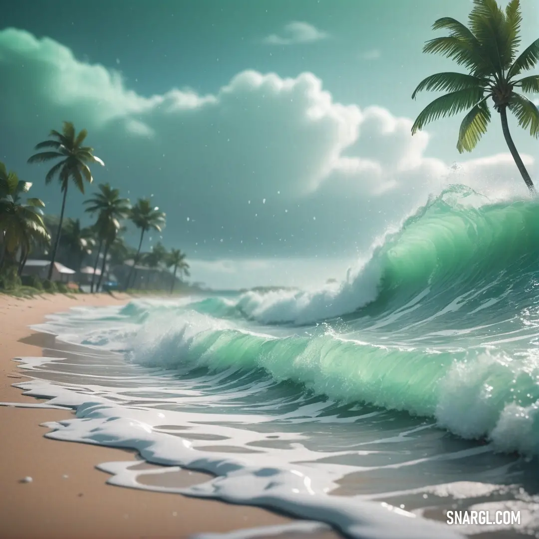 Painting of a wave crashing on a beach with palm trees in the background and a blue sky with white clouds. Example of RGB 130,198,176 color.