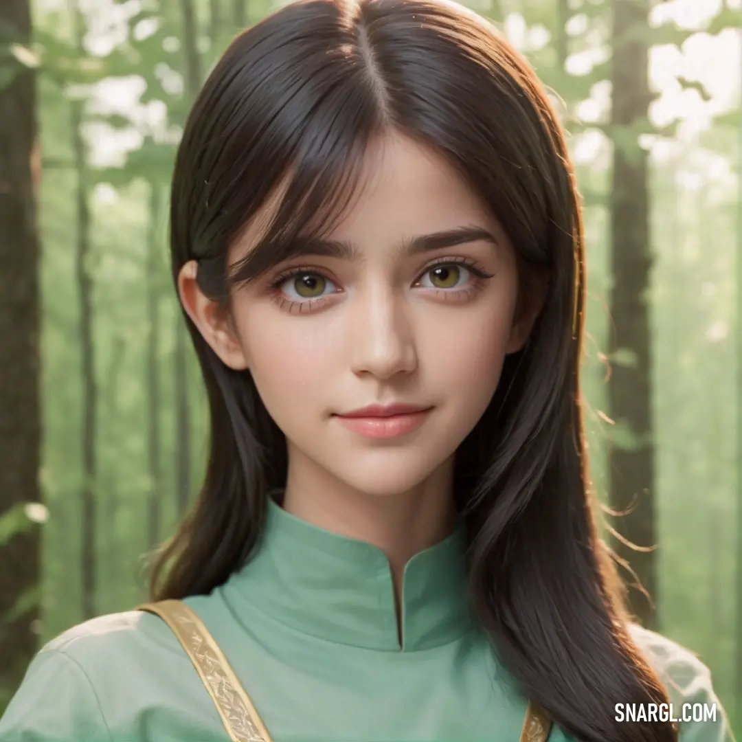 Girl with long hair and a green shirt in a forest with trees and grass behind her is looking at the camera. Color RGB 166,211,193.