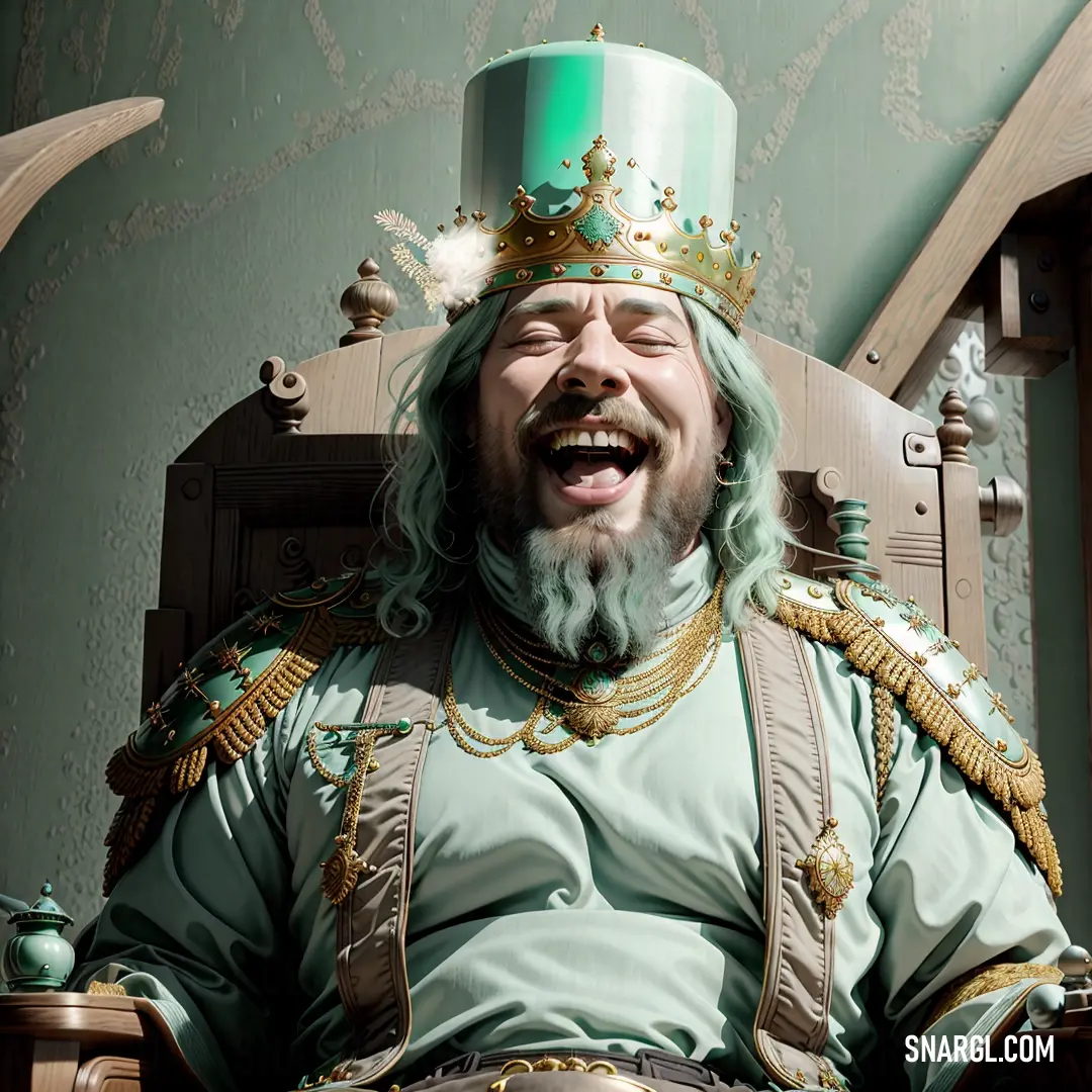 Man in a green outfit with a green crown on his head and a green beard and mustache. Example of PANTONE 572 color.