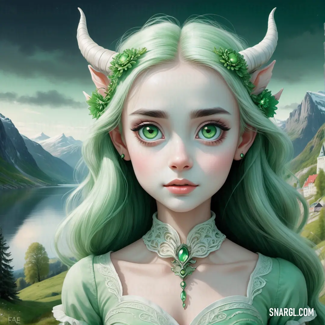 PANTONE 572 color. Painting of a woman with green hair and horns on her head and a green dress with a green necklace