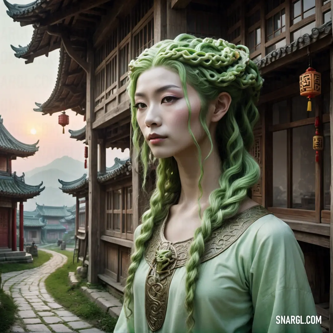 PANTONE 572 color example: Woman with green hair and a green dress in front of a building with a pagoda in the background