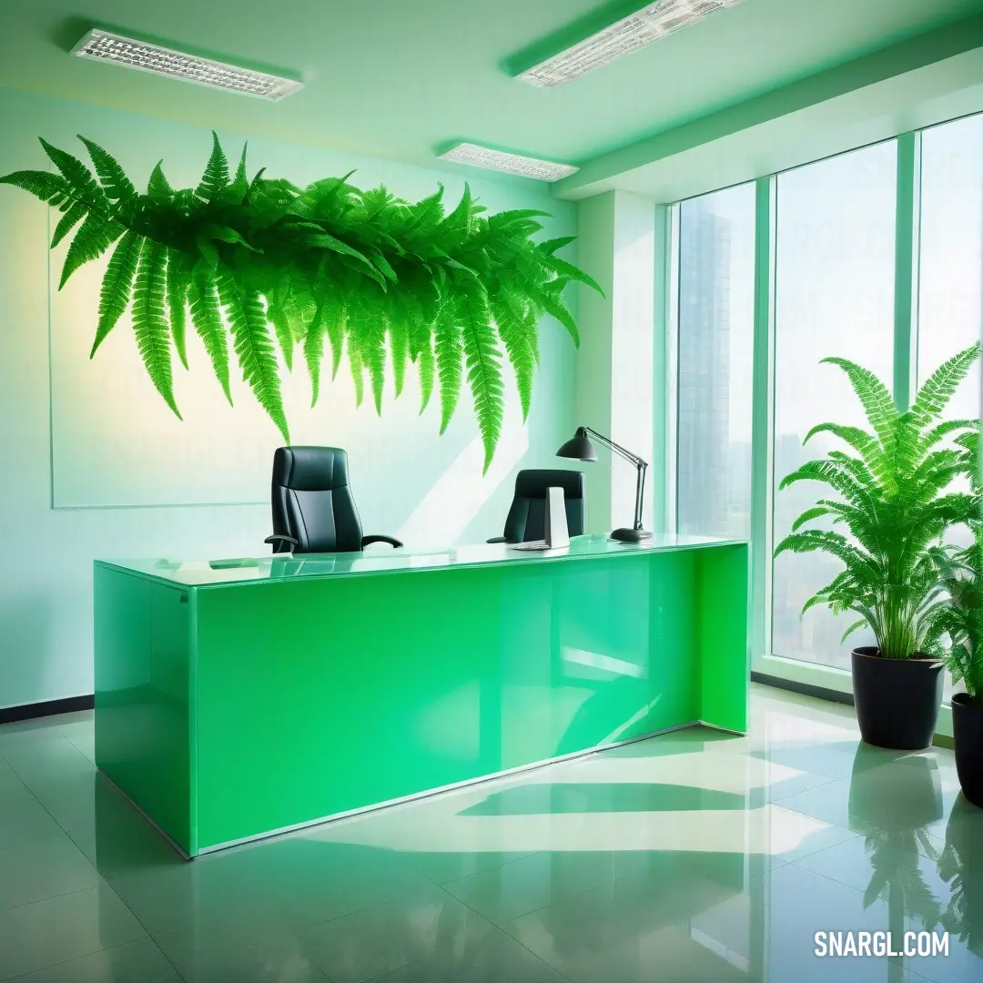 Green reception desk with a plant in the corner of the room and a window behind it that has a large window. Example of CMYK 20,0,14,0 color.