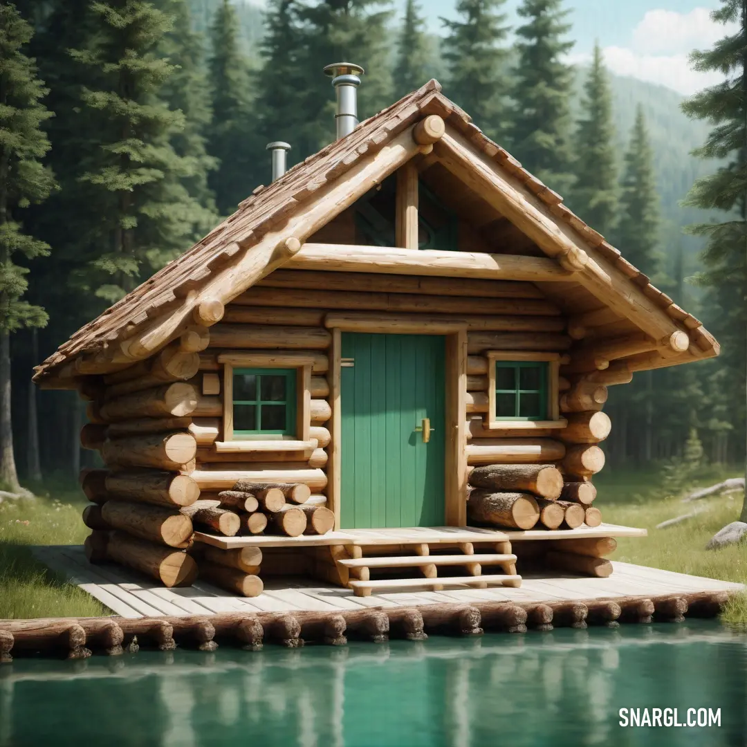 Log cabin with a green door and a porch made of logs on a lake in the woods with a dock. Example of RGB 202,226,214 color.