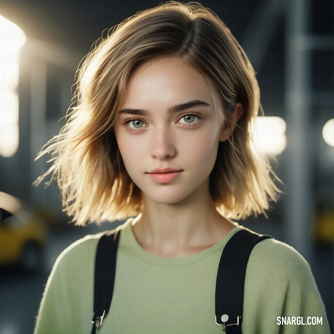 Woman with a green shirt and suspenders is looking at the camera with a serious look on her face. Example of PANTONE 573 color.