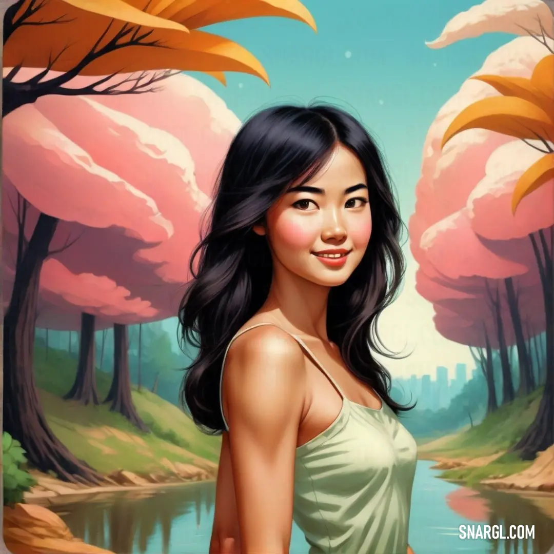 Woman in a white dress standing in front of a river and trees with pink leaves on it and a blue sky. Example of #CAE2D6 color.