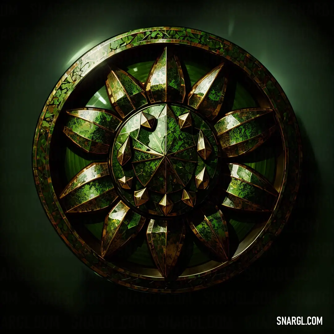 Circular mirror with a green and gold design on it's side. Example of #4C5828 color.