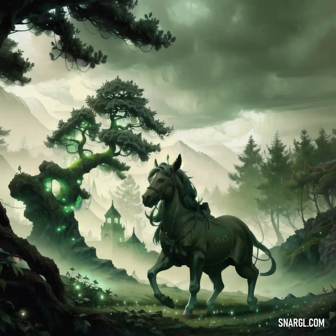 PANTONE 574 color. Horse is running through a forest with a lot of trees and a castle in the background