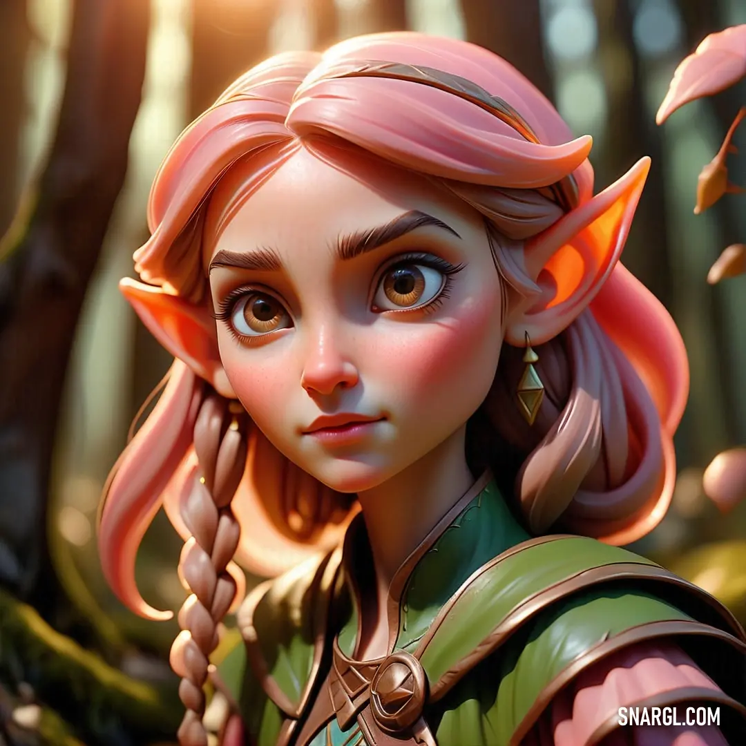 Cartoon character with pink hair and a green dress in a forest with leaves and a sun shining behind her. Color RGB 69,82,46.
