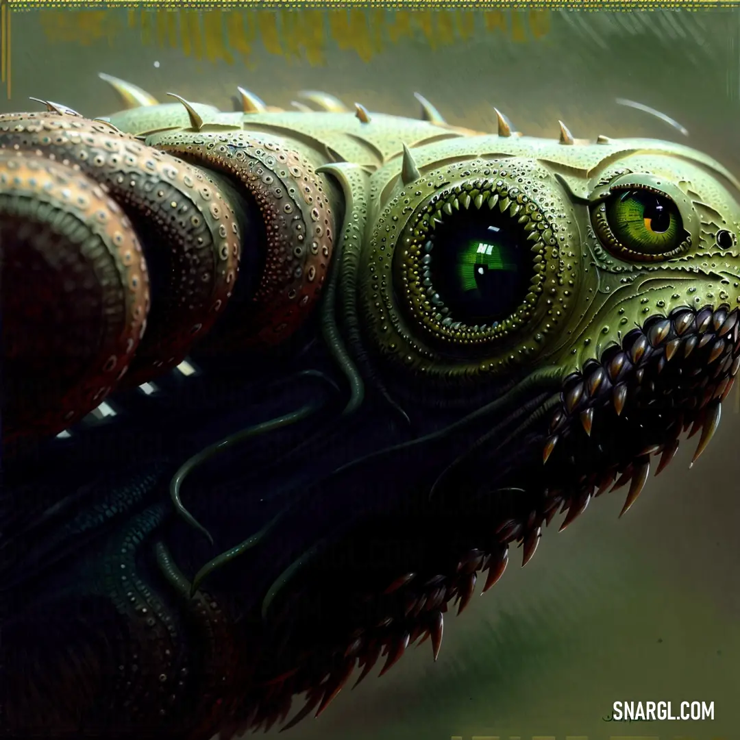 Close up of a creature with green eyes and a long neck with a long tail and a large. Example of CMYK 54,24,86,73 color.