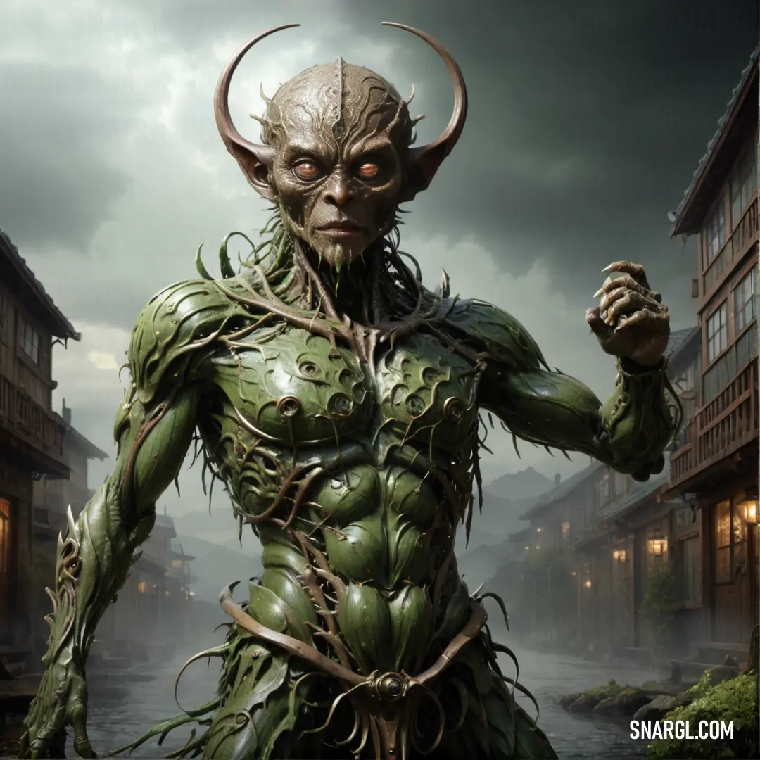 Creature with a horned head and a green body is standing in a street with buildings and a dark sky. Color RGB 69,82,46.