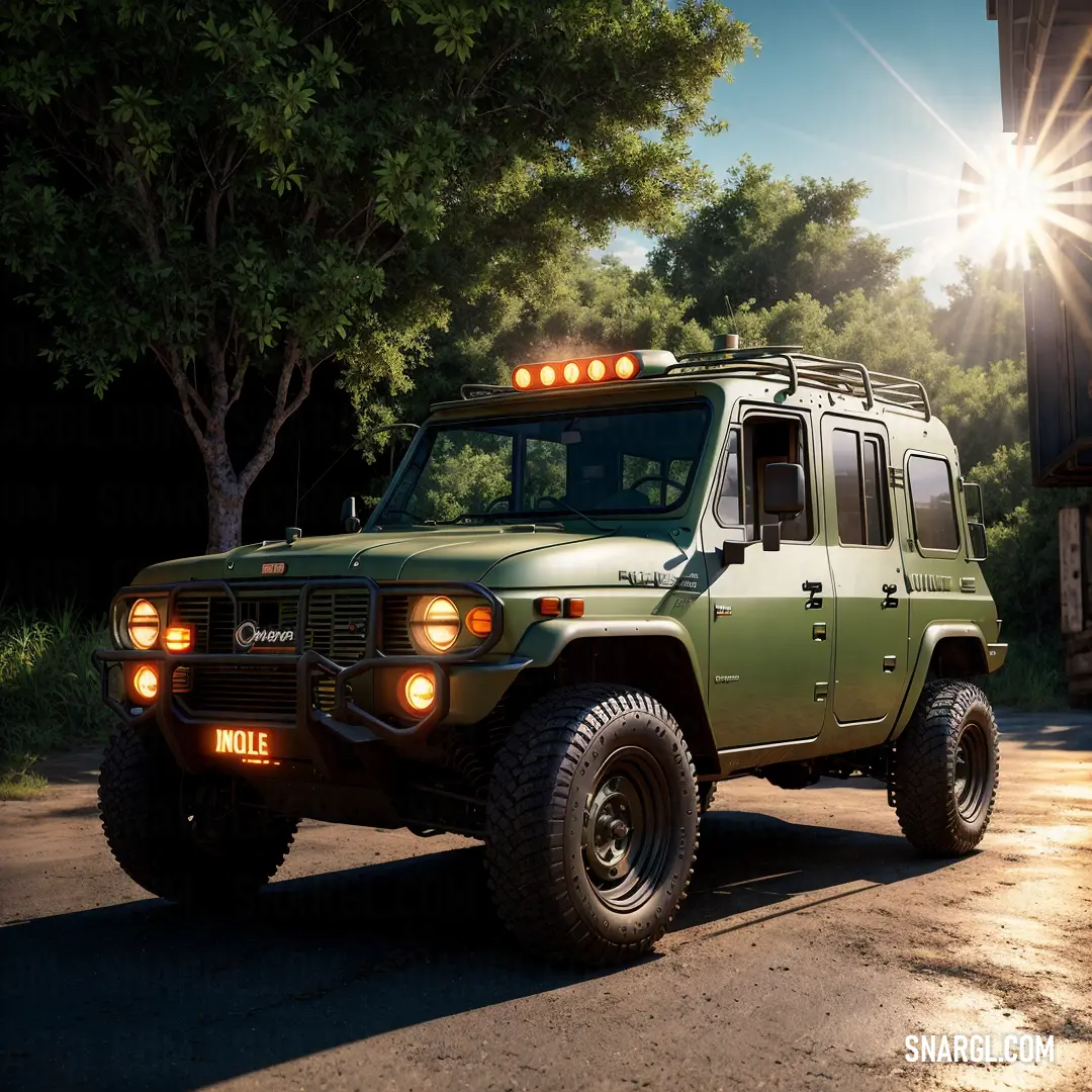 Green military vehicle parked in a driveway with the sun shining behind it and trees in the background. Example of CMYK 50,27,98,76 color.