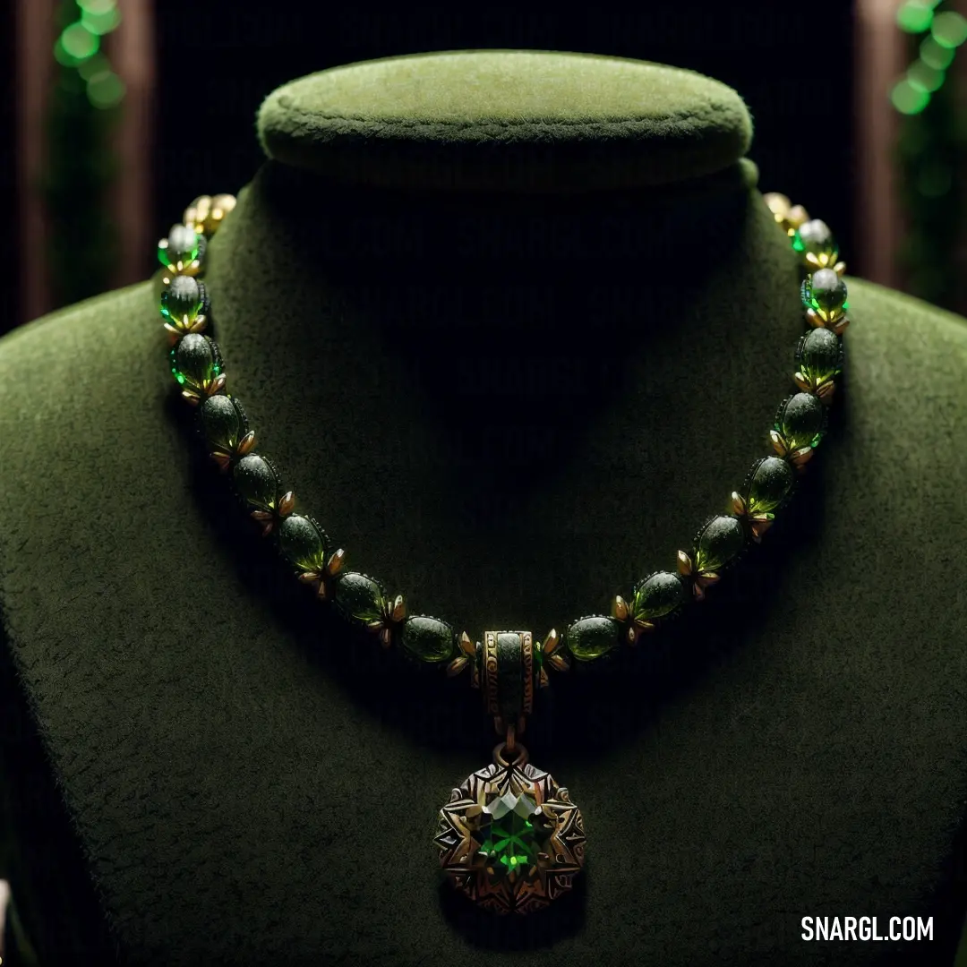 PANTONE 5747 color example: Green necklace with a green and gold pendant on a green mannequin neckline with a green velvet hat