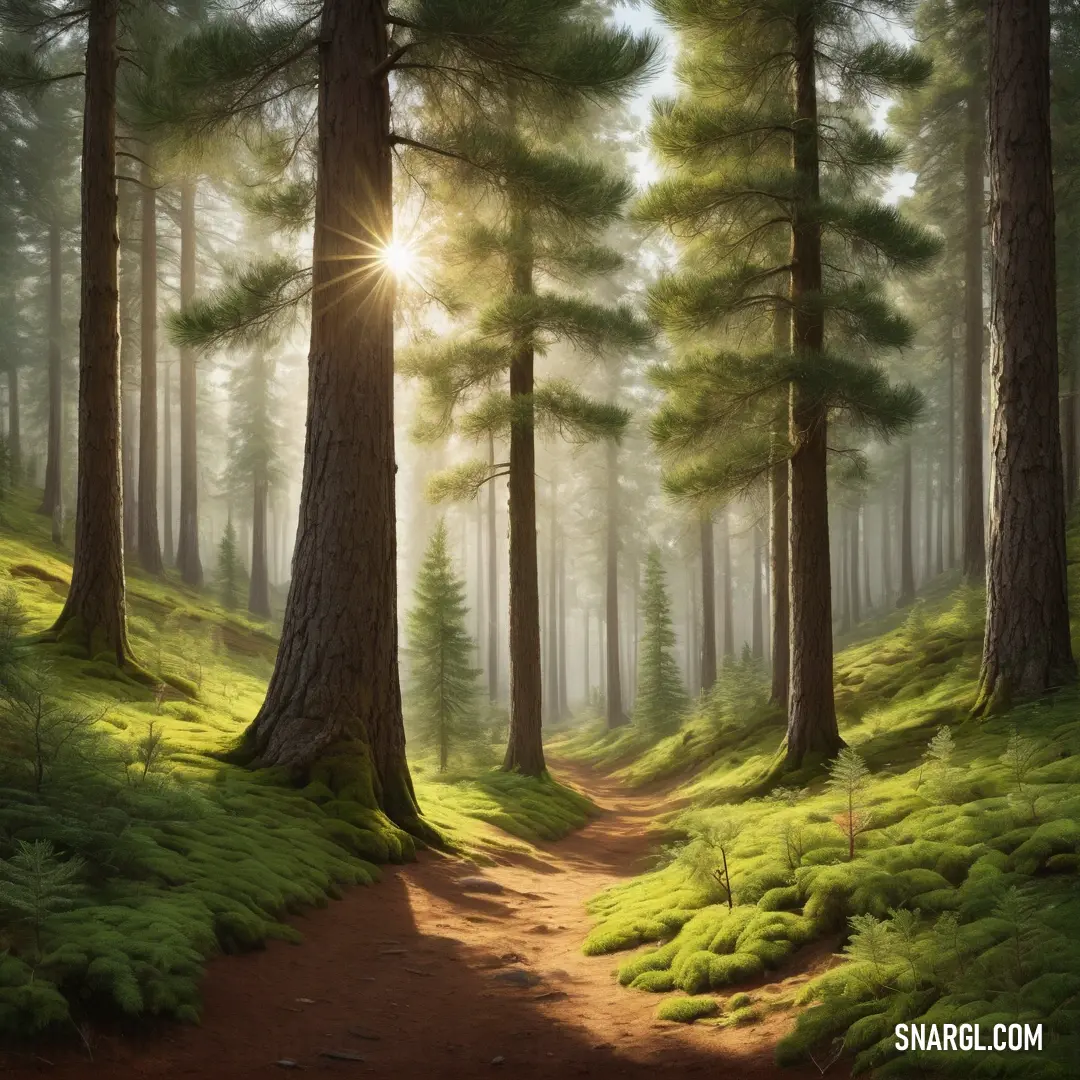 Painting of a path through a forest with sun shining through the trees and grass on the ground. Color #414823.