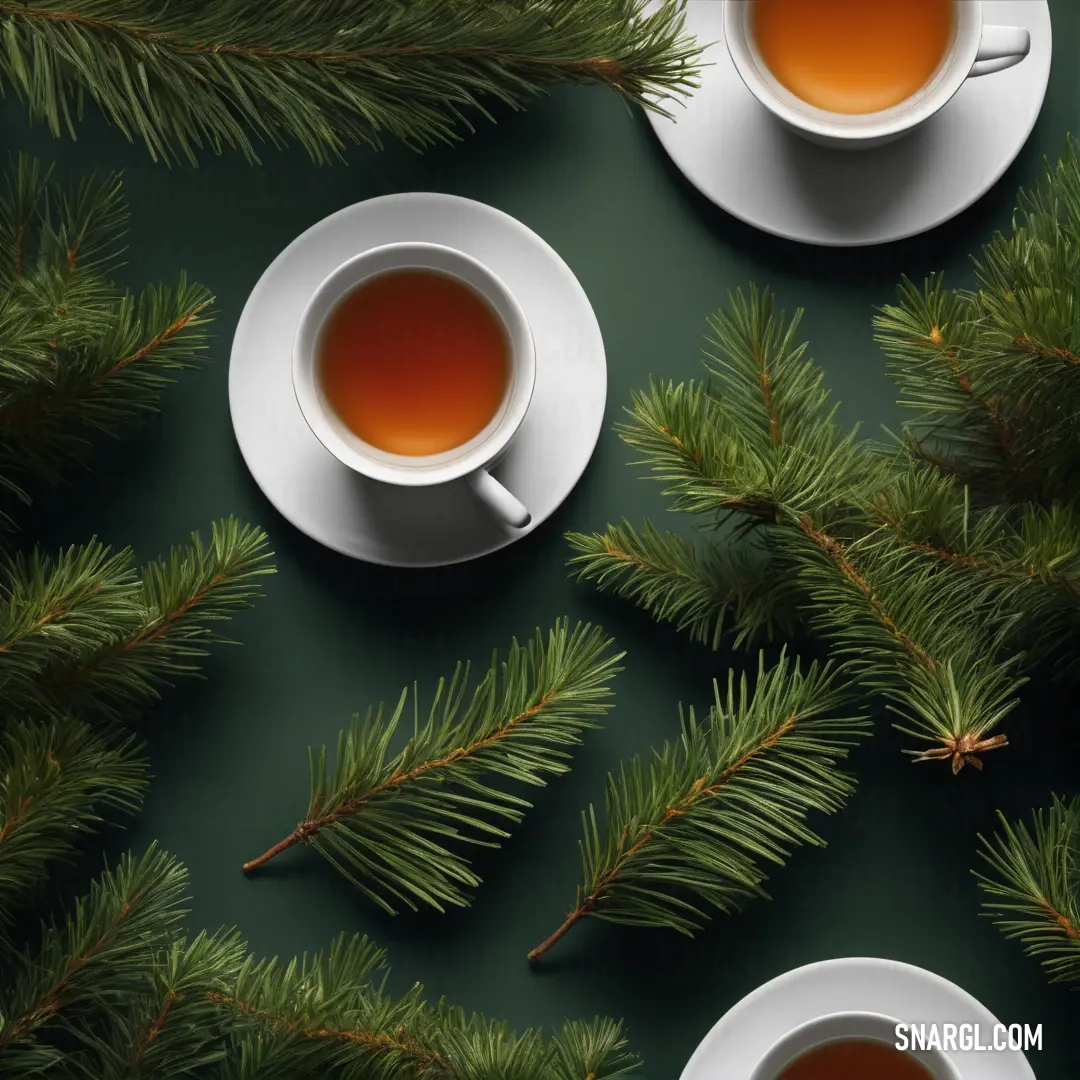 Two cups of tea are on a table next to a pine branch and pine cones on a green surface. Color RGB 65,72,35.