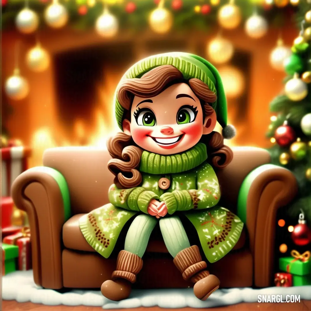 Cartoon girl on a couch in front of a christmas tree with presents and presents around her. Example of RGB 101,130,55 color.