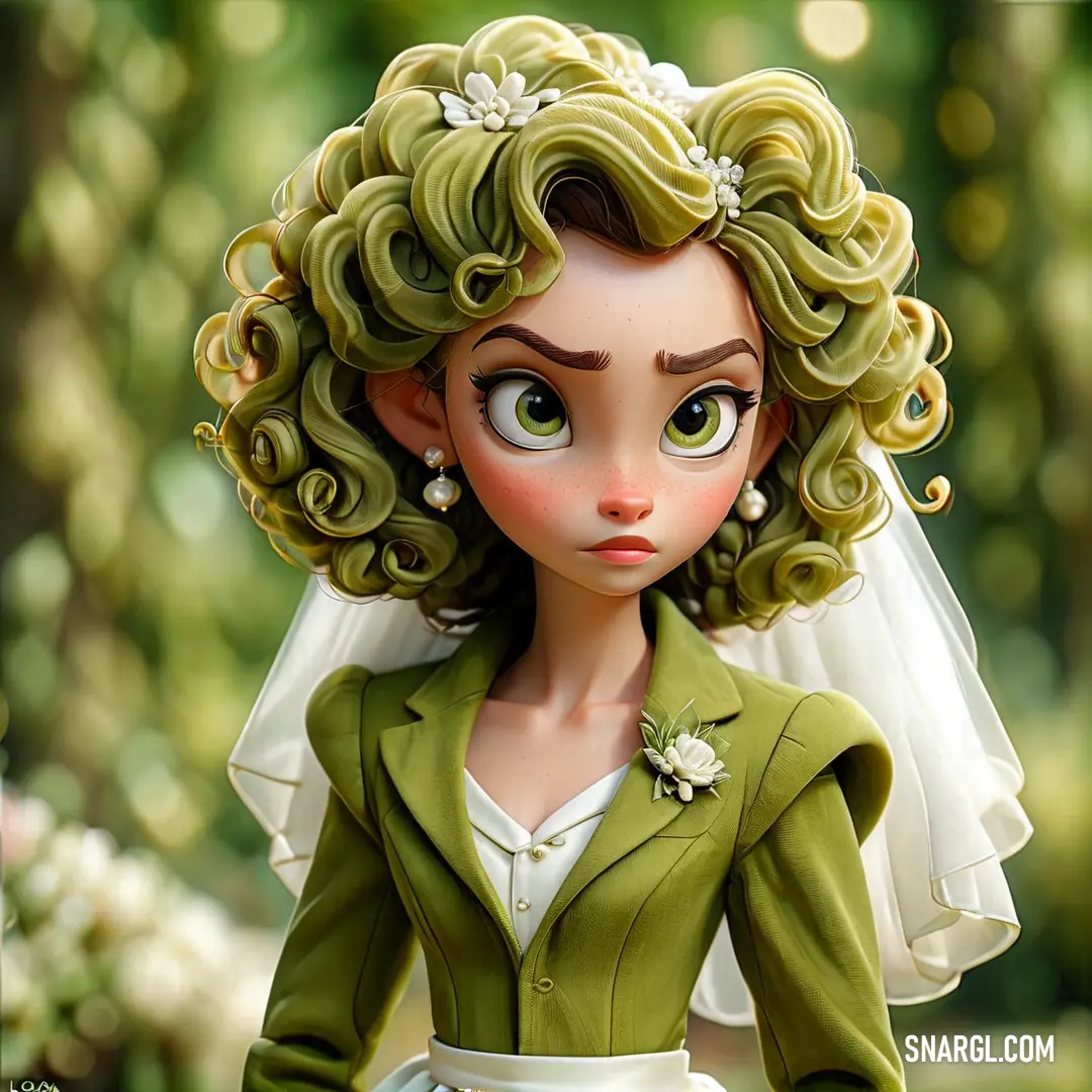 Doll dressed in a green dress and a veil with flowers on it's head and a green jacket. Example of CMYK 55,9,95,45 color.