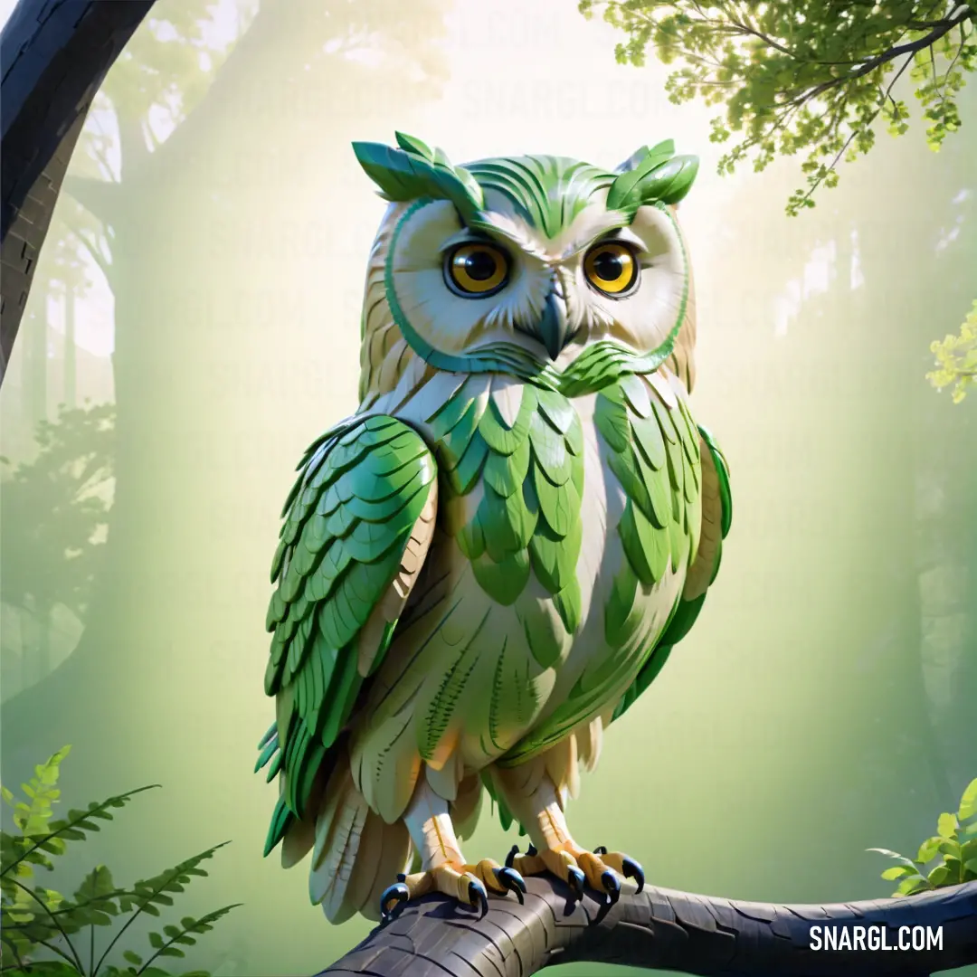 Green and white owl on a branch in a forest with trees and foliage in the background. Color CMYK 55,9,95,45.
