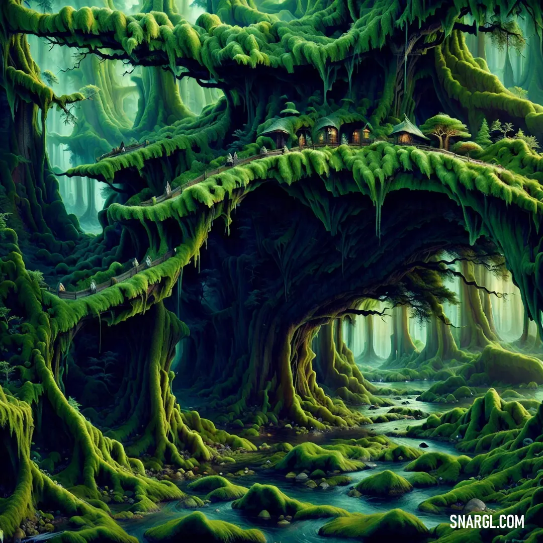 Painting of a forest with mossy trees and a stream running through it. Example of RGB 103,112,63 color.