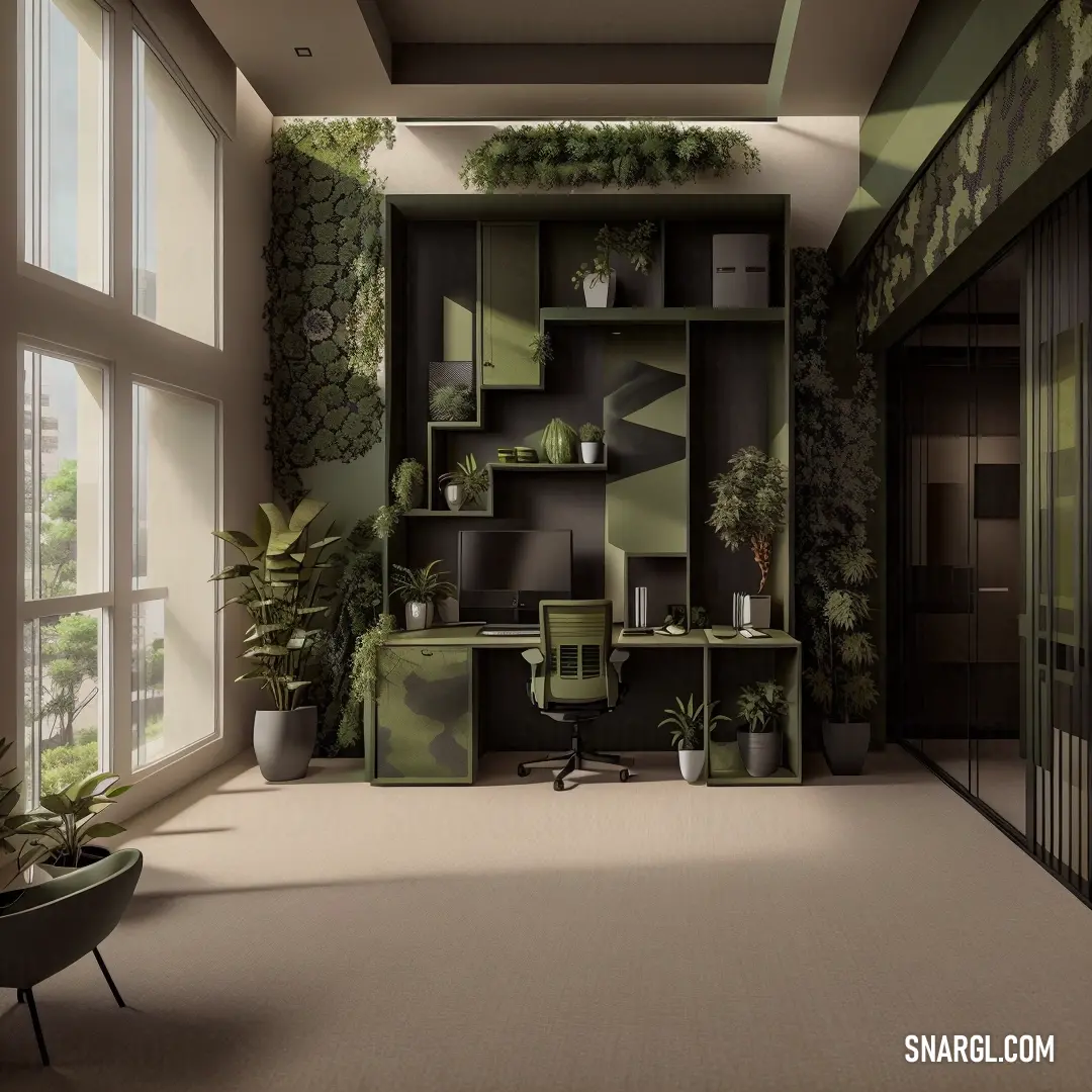 Room with a desk and a chair in it with plants on the shelves and a potted plant on the floor. Example of #67703F color.
