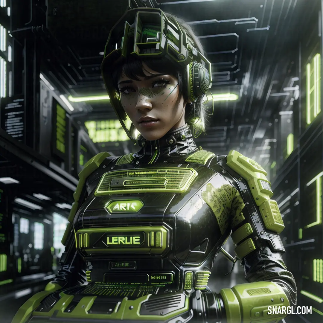 Woman in a futuristic suit standing in a room with green lights and a sci - fi. Example of #67703F color.