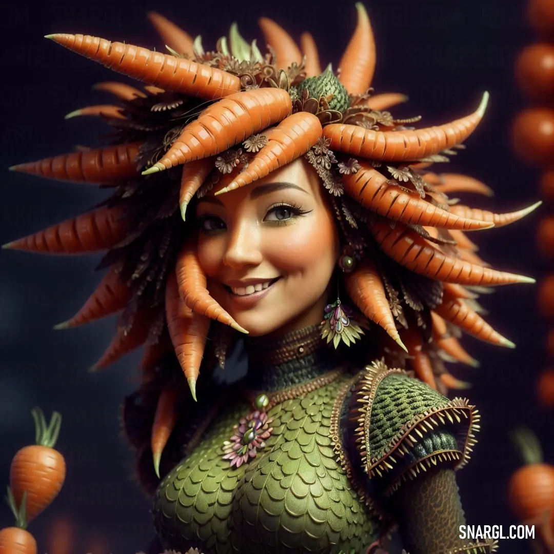 Woman with carrots on her head and a green dress on her body and a black background. Color CMYK 42,16,80,58.
