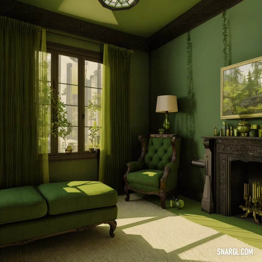 Living room with a green couch and a fireplace with a clock on it's wall above it. Example of CMYK 34,12,91,54 color.