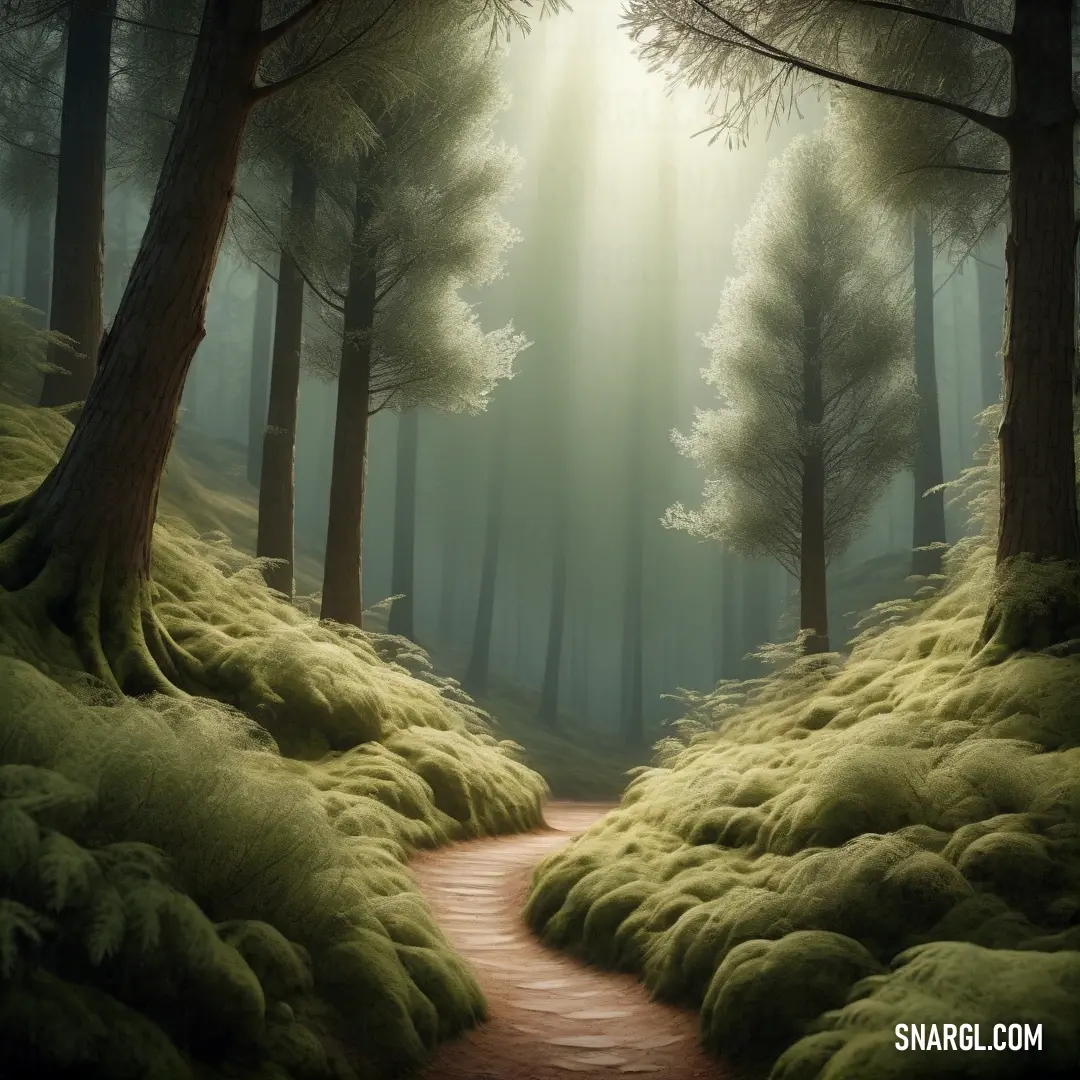 Painting of a path through a forest with green grass and trees on both sides of it. Example of PANTONE 5763 color.