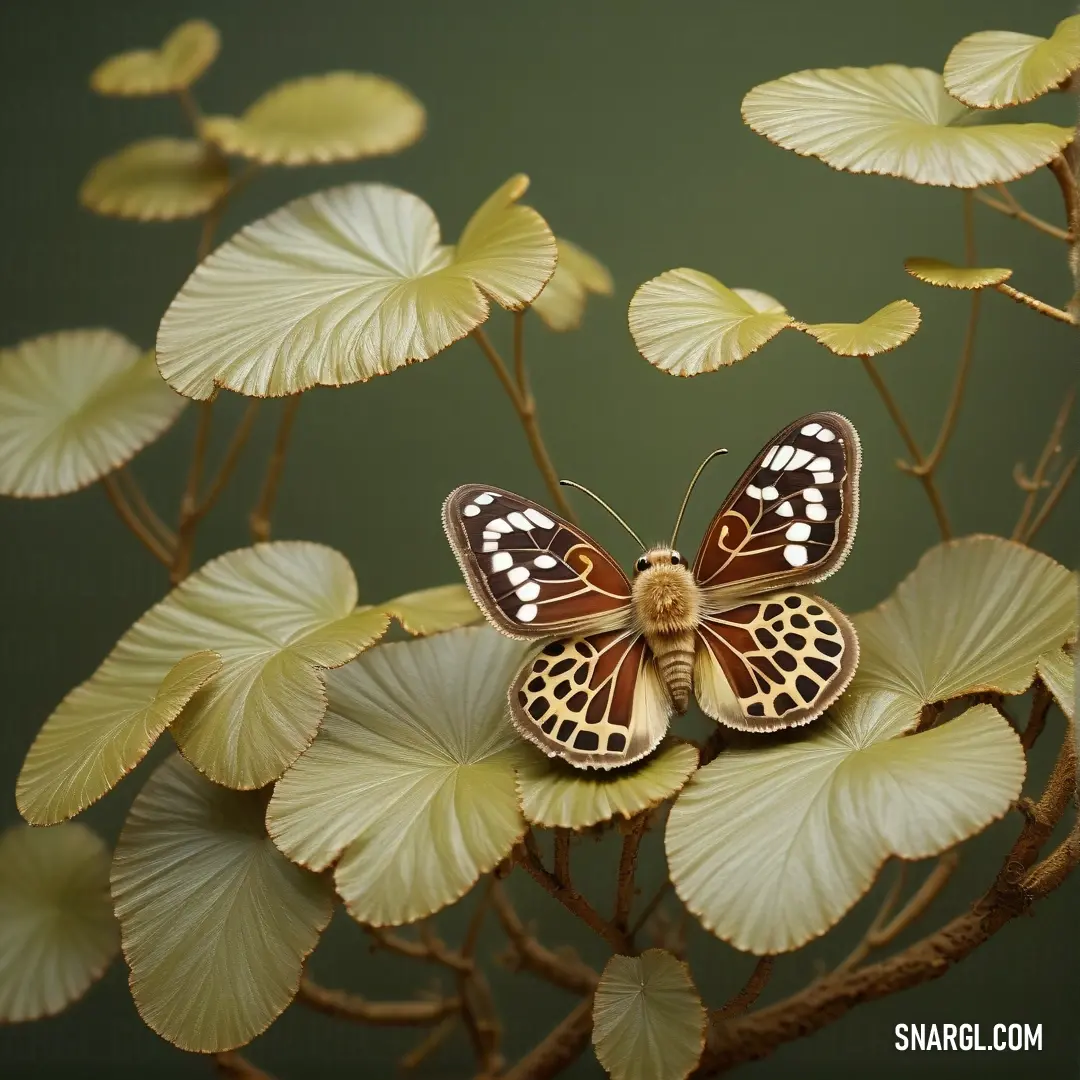 Butterfly on a leafy plant with green leaves around it and a dark background. Example of PANTONE 5767 color.