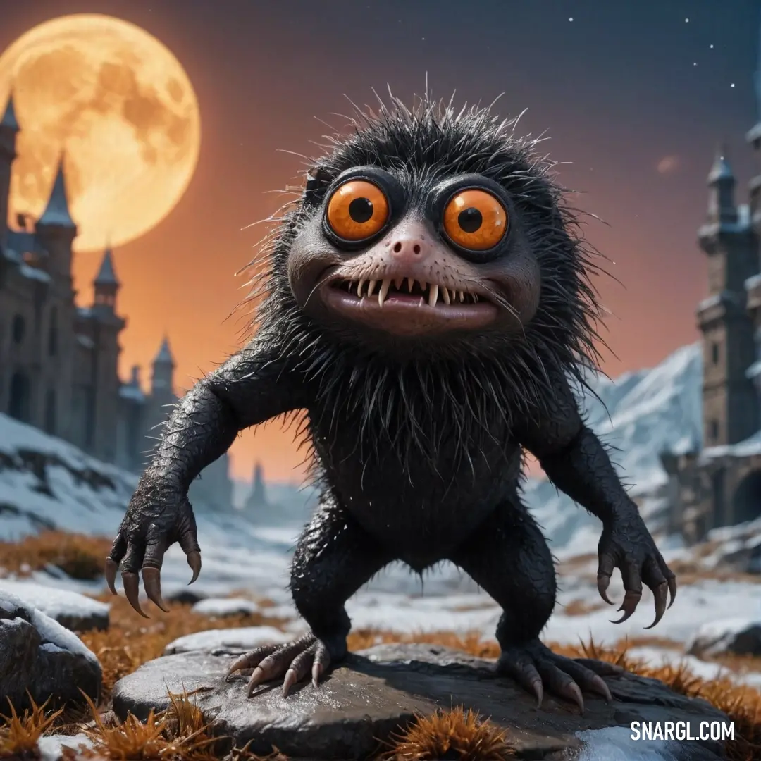 A whimsical cartoon creature with oversized eyes stands proudly on a rugged rock, gazing at a magnificent castle silhouetted against a full moon, enveloped in an enchanting night sky full of stars, inviting imagination and adventure.