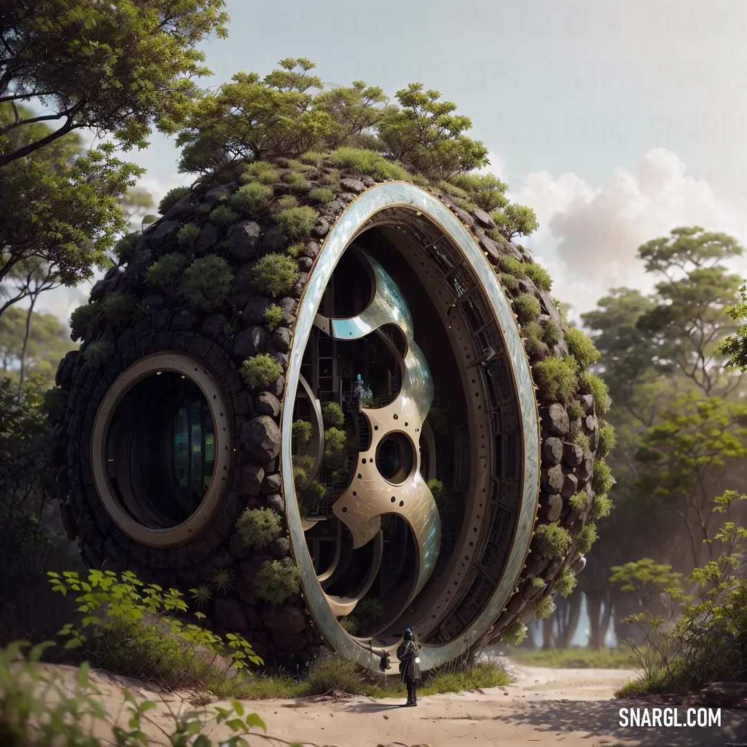 Giant tire is in the middle of a forest with a man standing in front of it and a man standing in front of it. Example of CMYK 31,11,76,35 color.
