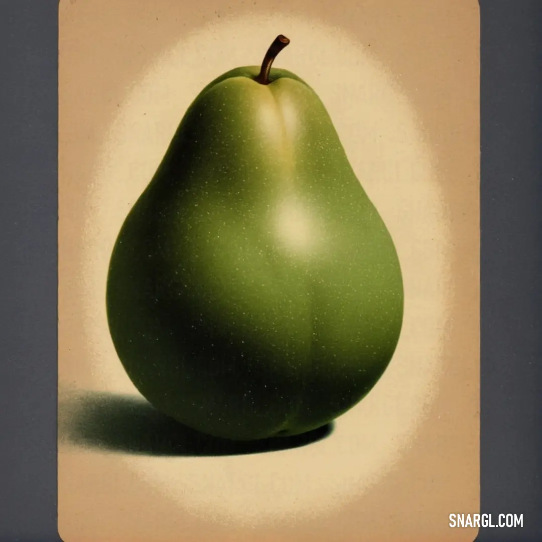 Green pear on top of a white surface with a shadow of the pear on the side of the picture. Example of PANTONE 5767 color.