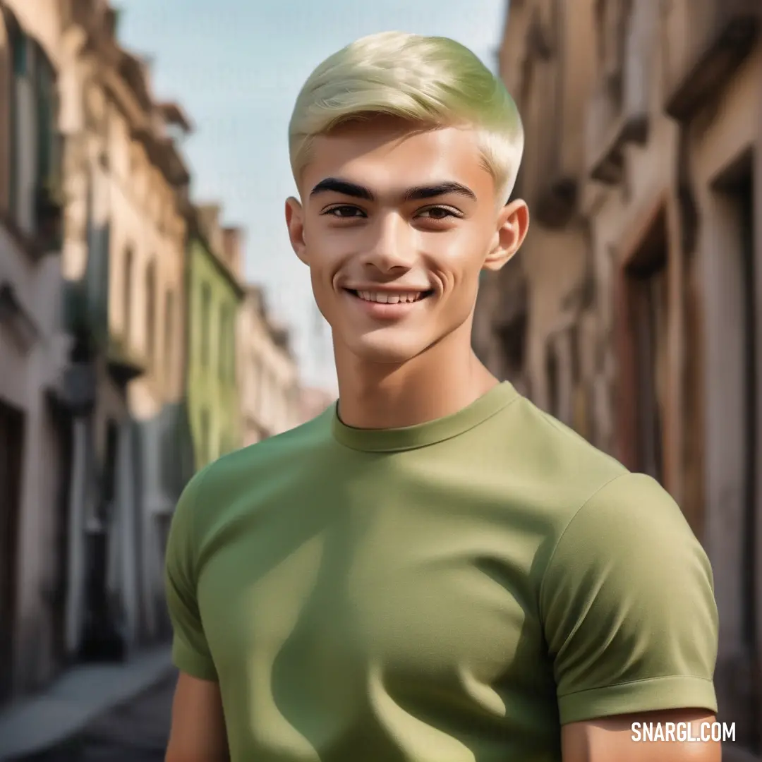 Man with a green shirt and a green shirt on a street with buildings in the background. Example of PANTONE 5767 color.