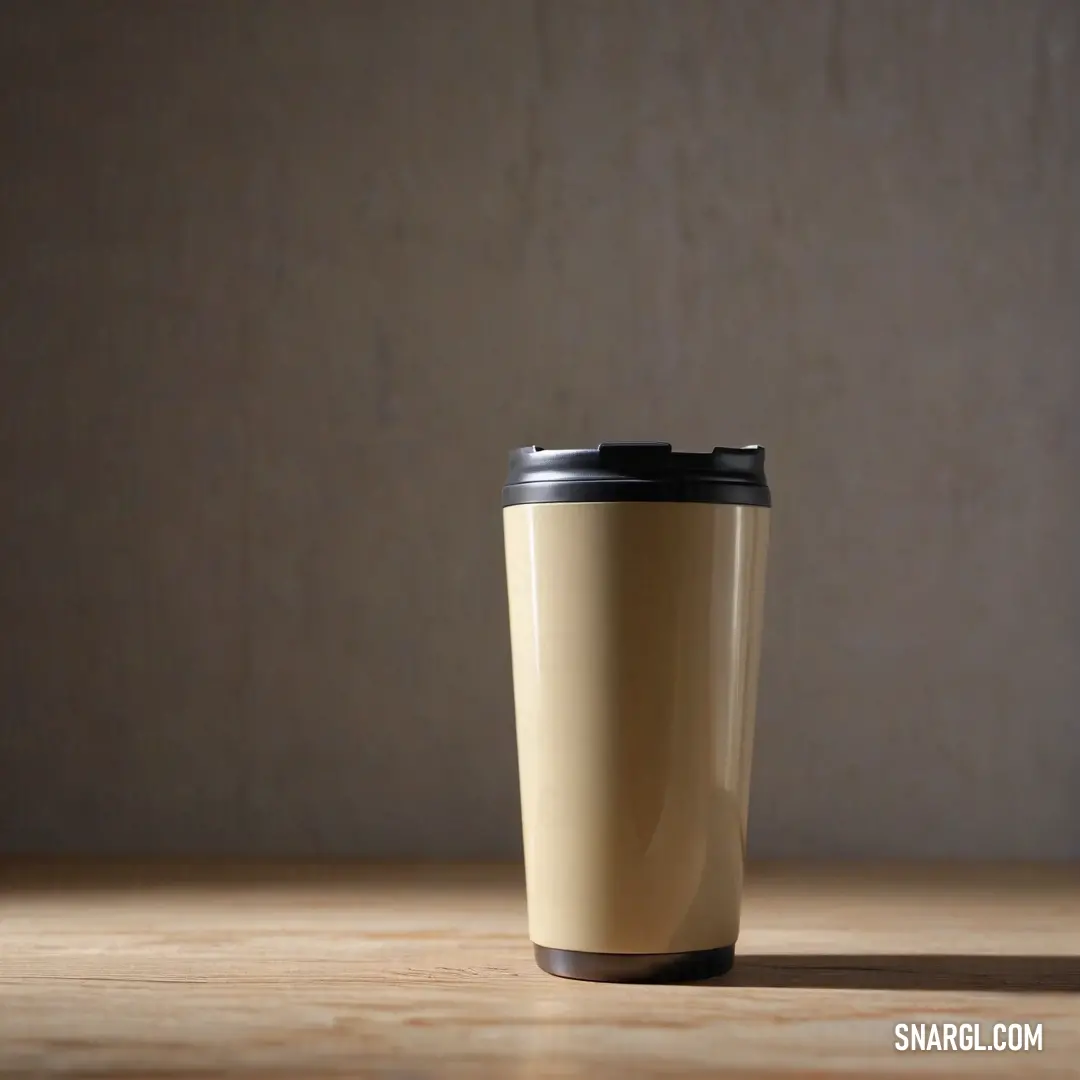 An inviting coffee cup rests elegantly on a table, complete with a sleek black lid, its warm contents offering a moment of comfort amidst a bustling day.