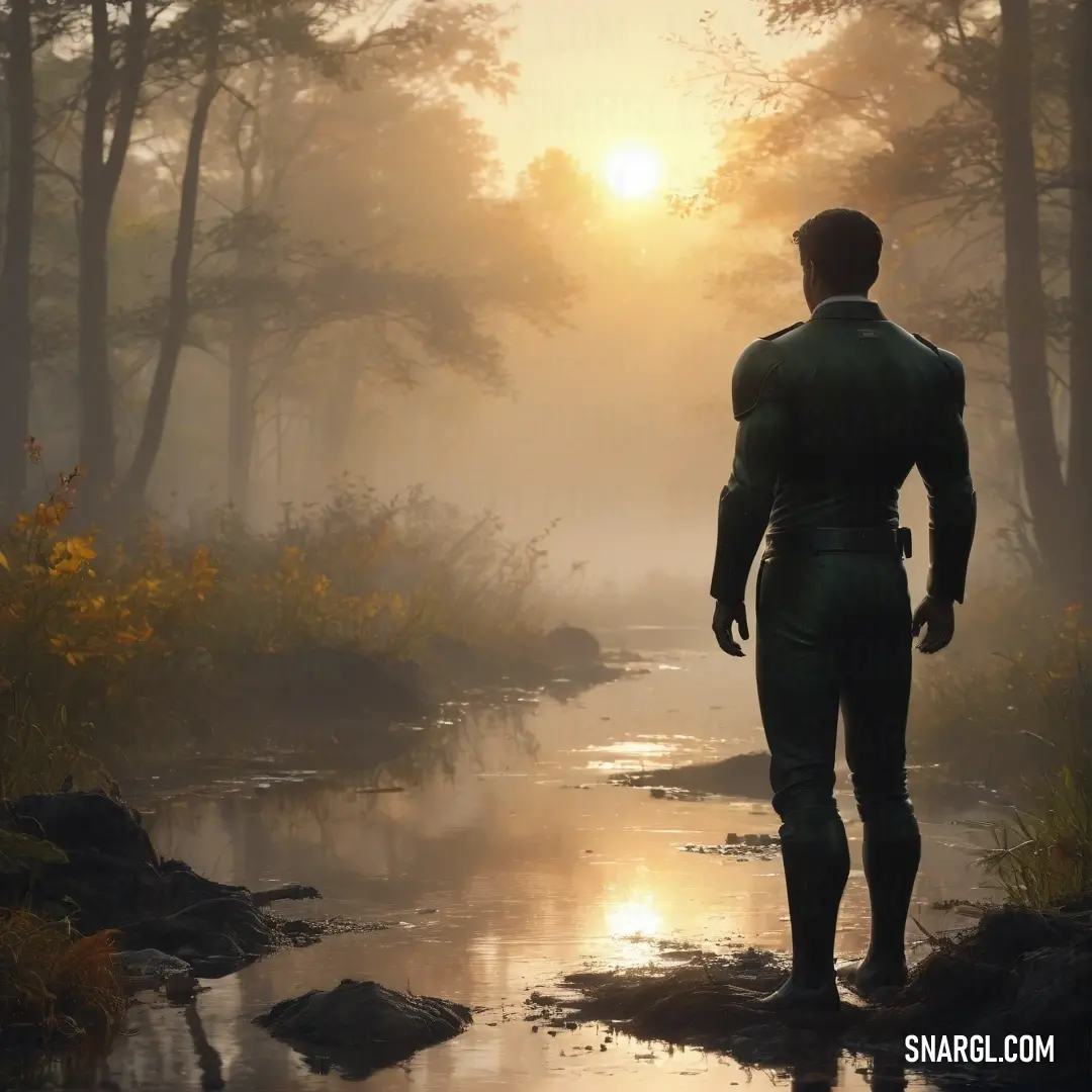 A solitary man stands in a misty forest, gazing upward as warm sunlight filters through the towering trees, reflecting a sense of wonder in the tranquil, fog-drenched atmosphere.