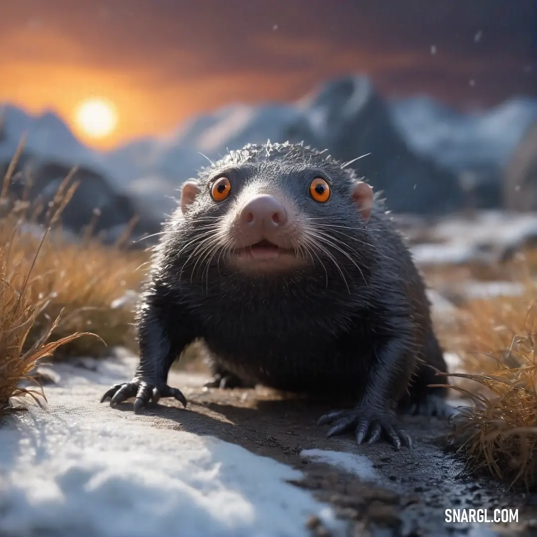 On a snowy landscape, a small animal with striking yellow eyes stands out against the whiteness of its surroundings, framed by distant mountains, as the crisp air and serene atmosphere envelop this peaceful winter scene.