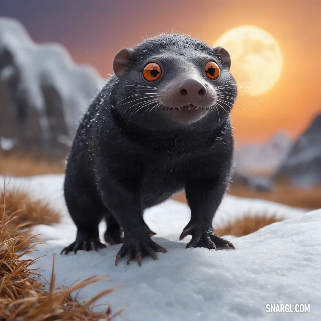 A small animal stands gracefully on a pristine blanket of snow beneath the luminous glow of a full moon, with a majestic mountain range in the background, evoking a sense of wonder and tranquility in this winter wonderland.