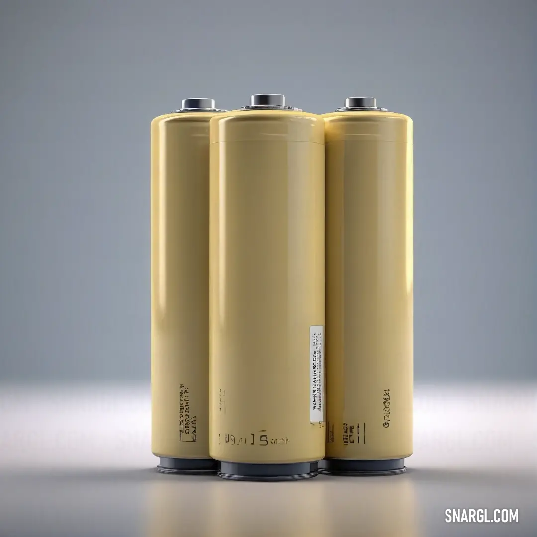 A trio of vibrant yellow batteries lined up neatly on a table against a soft gray backdrop, symbolizing energy and vitality ready to power your day.