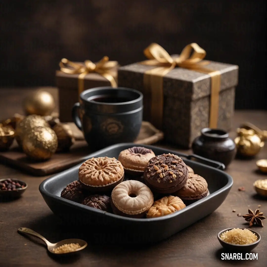 A beautifully arranged tray showcasing an assortment of freshly baked cookies alongside a steaming cup of coffee, elegantly set on a lavish table adorned with golden decorations and a charming gift box peeking in the background.