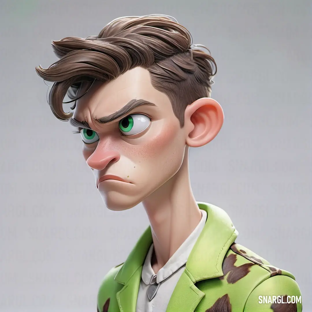 Cartoon character with a green jacket and brown hair and green eyes. Example of CMYK 35,2,58,0 color.