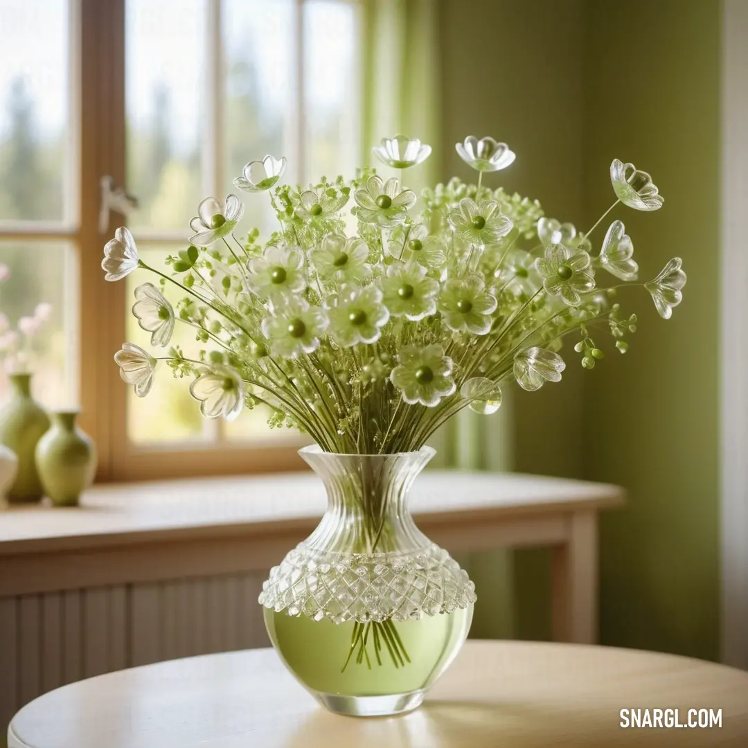 Vase filled with white flowers on top of a table next to a window with green curtains and a window sill. Example of PANTONE 577 color.