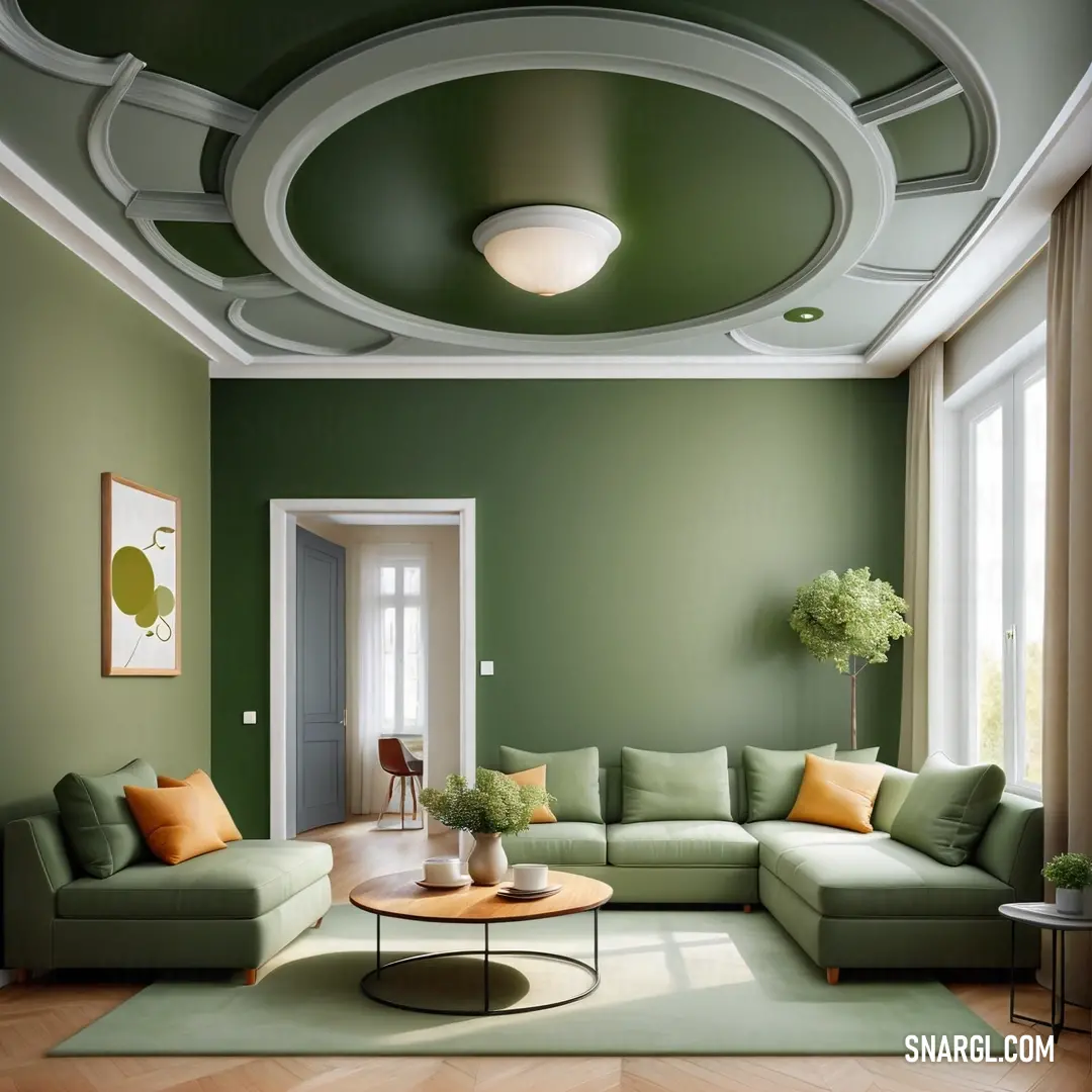 Living room with a green couch and a coffee table in it and a green wall and ceiling with a circular light fixture