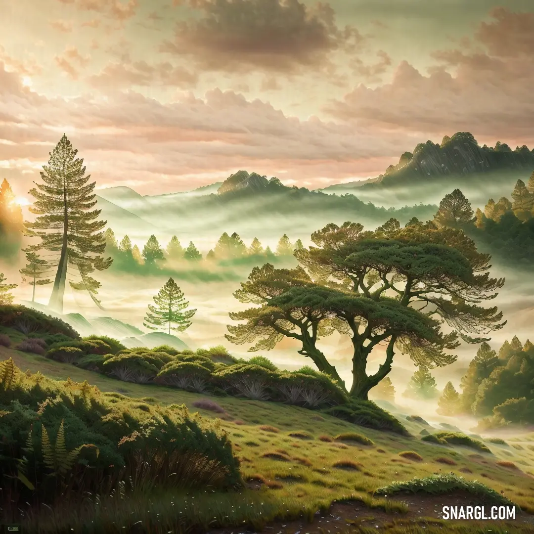 Painting of a landscape with trees and fog in the sky and a mountain in the background. Color #959C72.