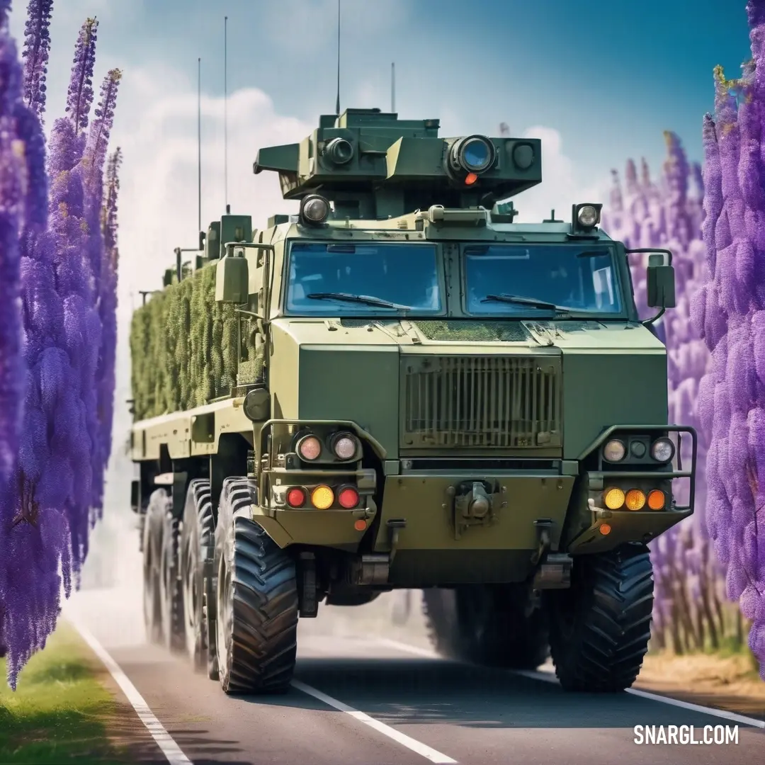 Military vehicle driving down a road with purple flowers in the background. Example of #959C72 color.