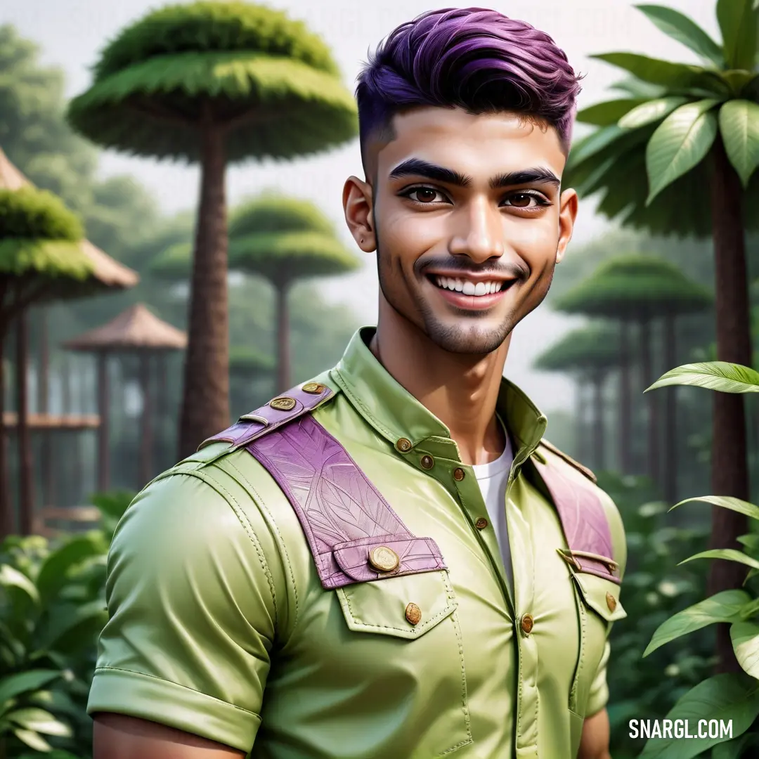 Man with a purple mohawk and a green shirt in a jungle setting with trees and bushes in the background. Color CMYK 27,0,48,0.