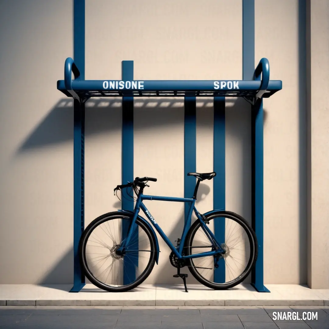 A vibrant urban scene featuring a bike securely locked to a blue metal rack, accompanied by two distinct signs reading 'omisone' and 'spook'. The color scheme showcases the rich tones of #AAB08D, adding a stylish, contemporary touch to the surroundings.